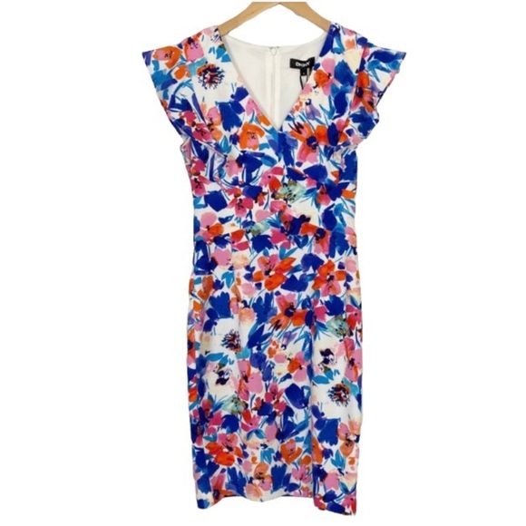 DKNY V-Neck Watercolor Floral Print Ruffle Cap Sleeve Sheath Dress NWT 2 - Picture 2 of 10